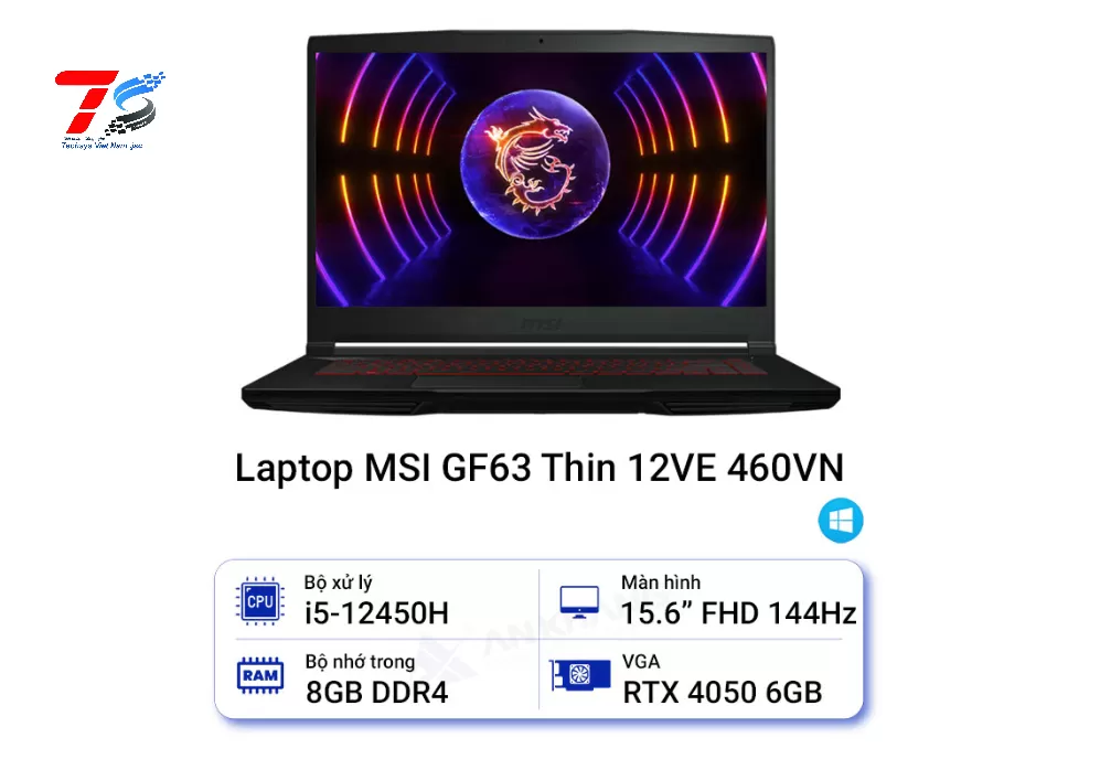 Laptop MSI Thin GF63 12VE-460VN (Core i5-12450H | 8GB | 512GB | RTX 4050 | 15.6 inch FHD 144Hz | W11H | Đen)